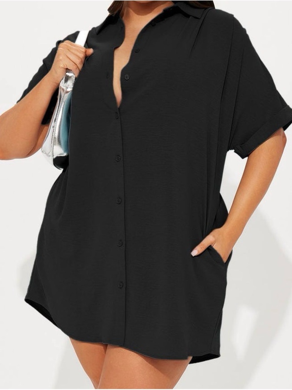 Black Button-Front Short Sleeve Women's Shirt Dress